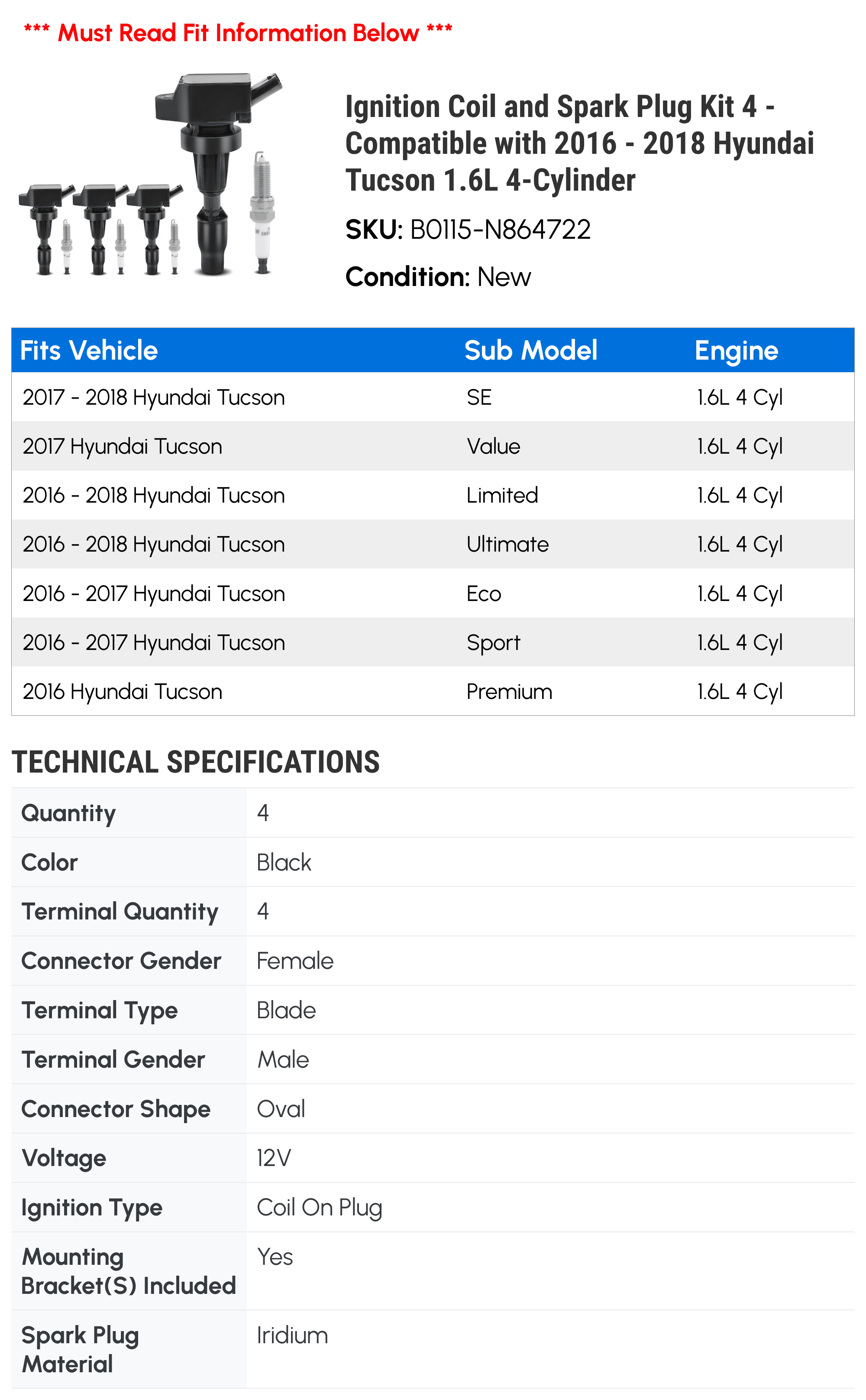 Ignition Coil and Spark Plug Kit 4 - Compatible with 2016 - 2018 Hyundai Tucson 1.6L 4-Cylinder - Autopart Premium