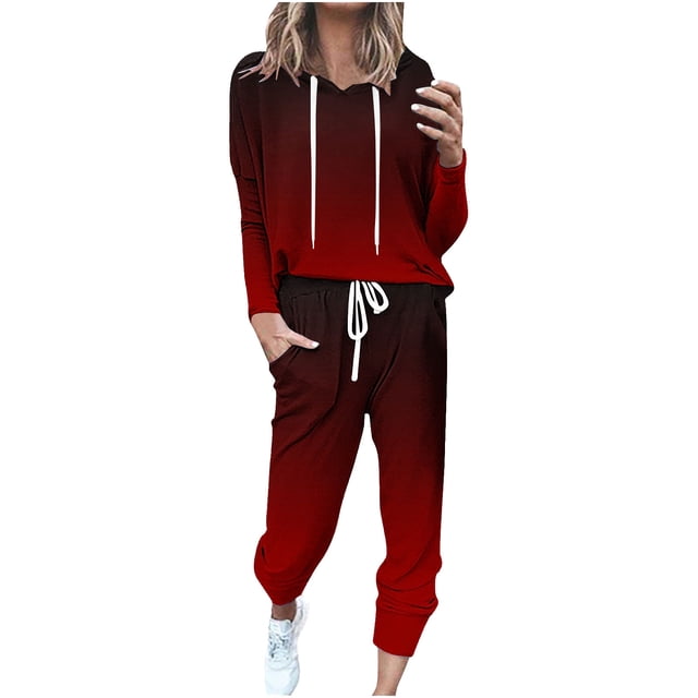 UAMVSH Survêtements pour Femmes Manches Longues Col Rond avec Pantalons Jogger Ensemble de Survêtement 2 Pcs Dégradé Tendance (Grand, Rouge 1)