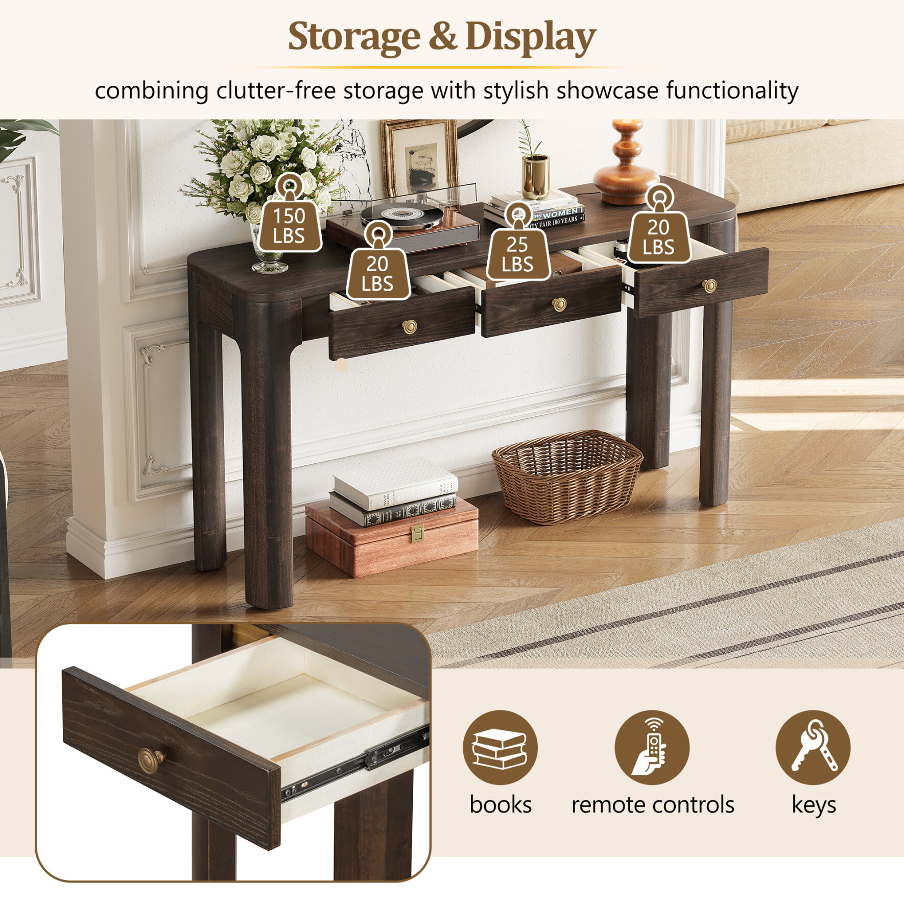 52'' Rustic Curved Console Table, Entryway Table with 3 Concealed Drawers, Sturdy Sofa Table with Thick Legs for Hallway & Living Room, Espresso