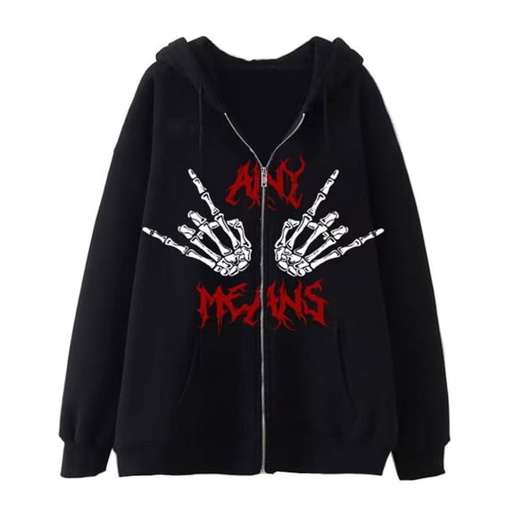 Skull Print Hoodie Gothic Harajuku Style Sweatshirt Unisex Oversized Casual Punk Zip-Up Hoodie