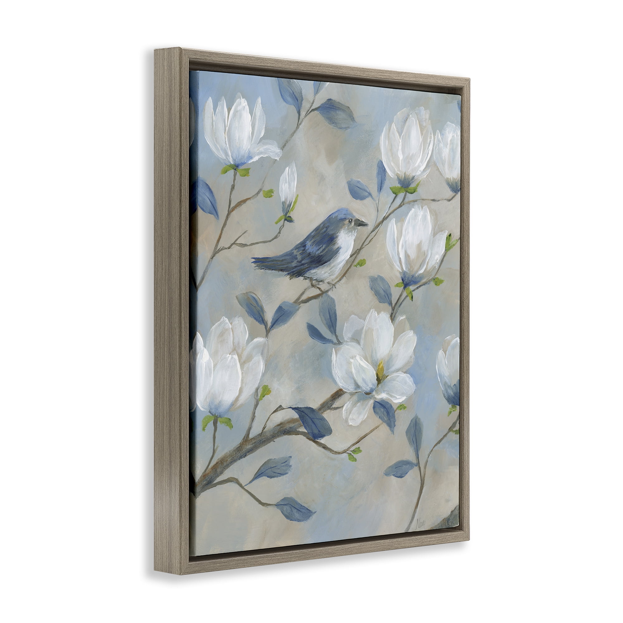 Stupell Industries Blue Bird & Magnolia Brown Framed Floater Canvas Wall Art, design by Nan