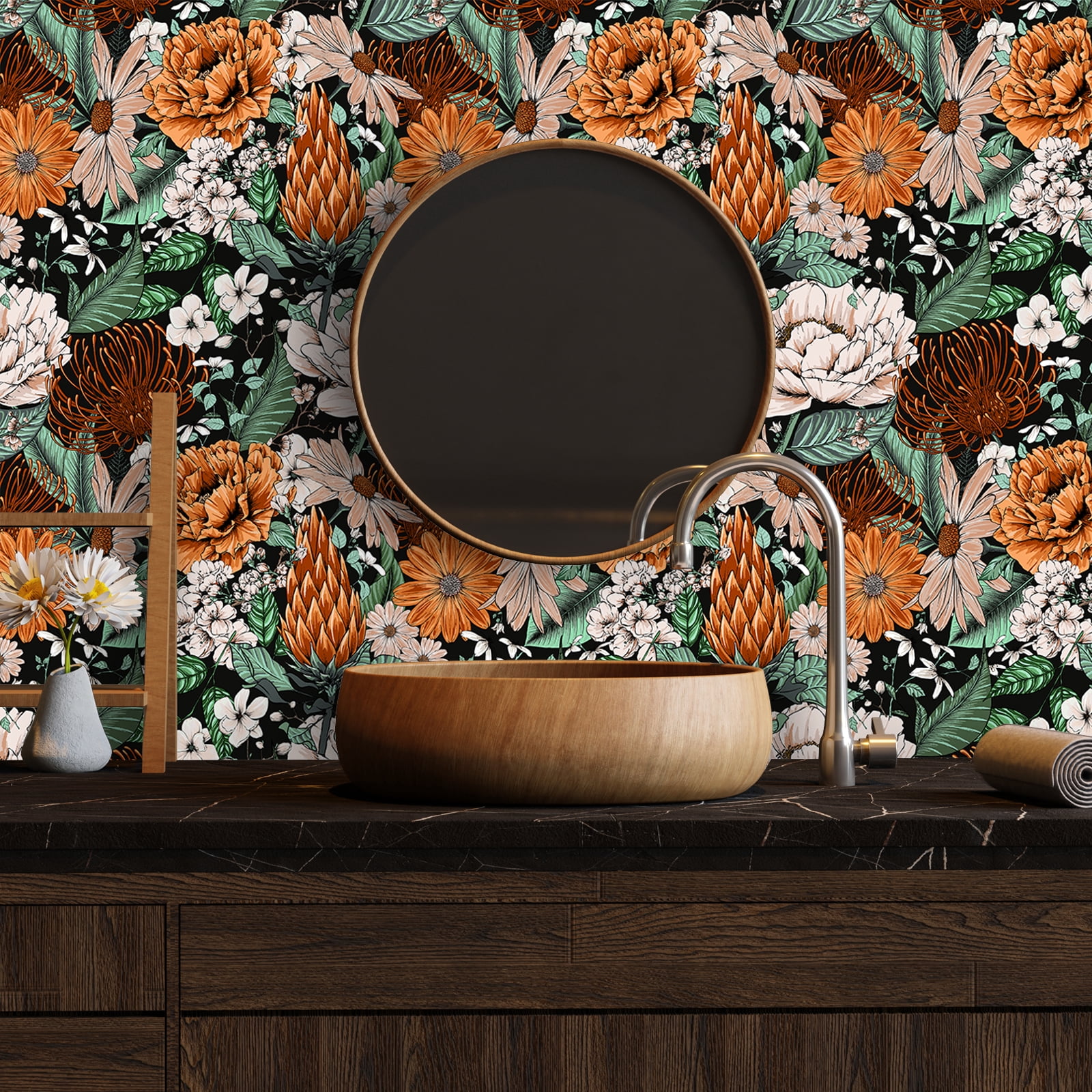 VEELIKE 17.7''x354" Vintage Daisy Peonies Floral Peel and Stick Wallpaper Self Adhesive Floral Mural for Bedroom Removable Decorative Flower Contact Paper for Cabinets Shelf Closet Bathroom Furniture