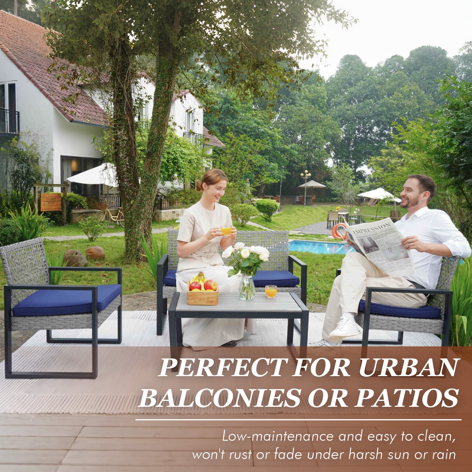 MOONMISS 4-Piece Wicker Outdoor Garden Furniture Corner Sofa Set With Cushions-Light Gray