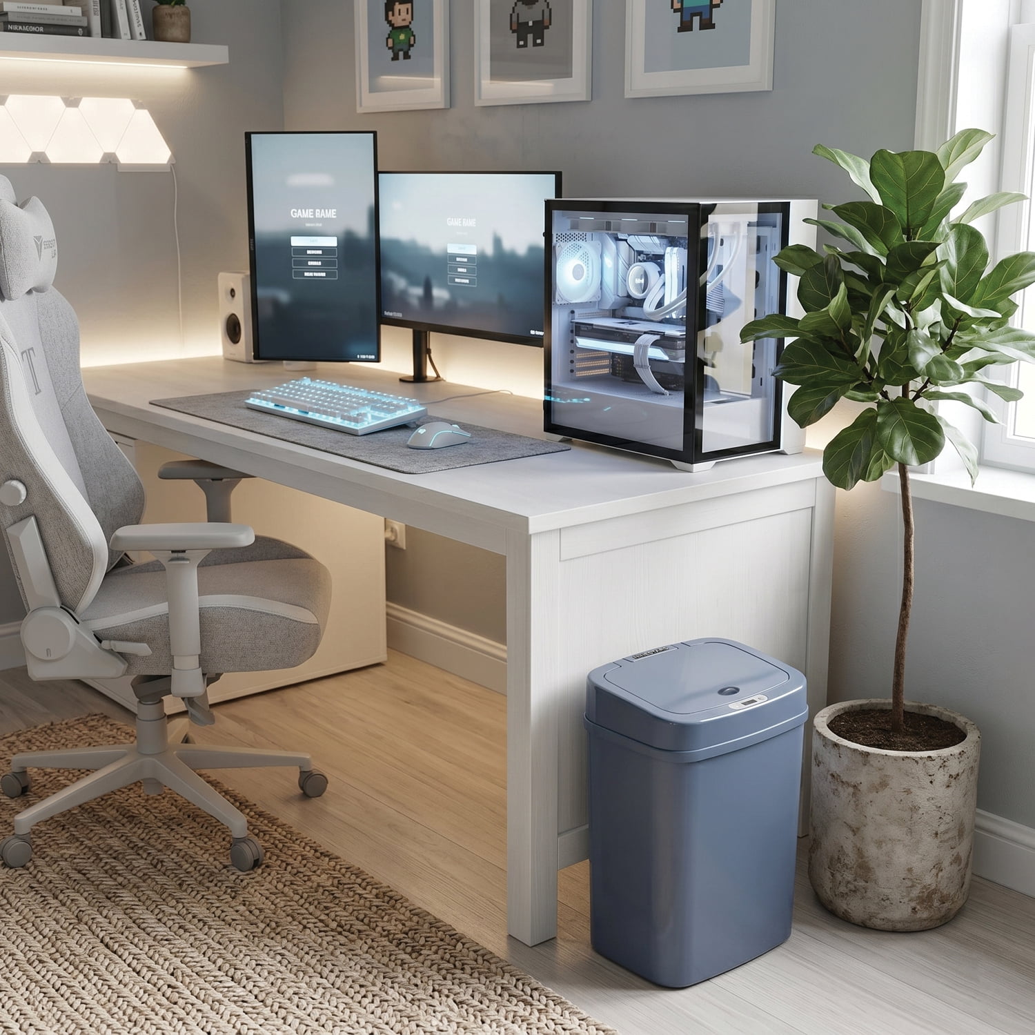 Nine Stars Automatic Bathroom Trash Can, 3.2 Gallon Plastic, Motion Sensor Waste Bin with Soft Close Lid, Washed Indigo