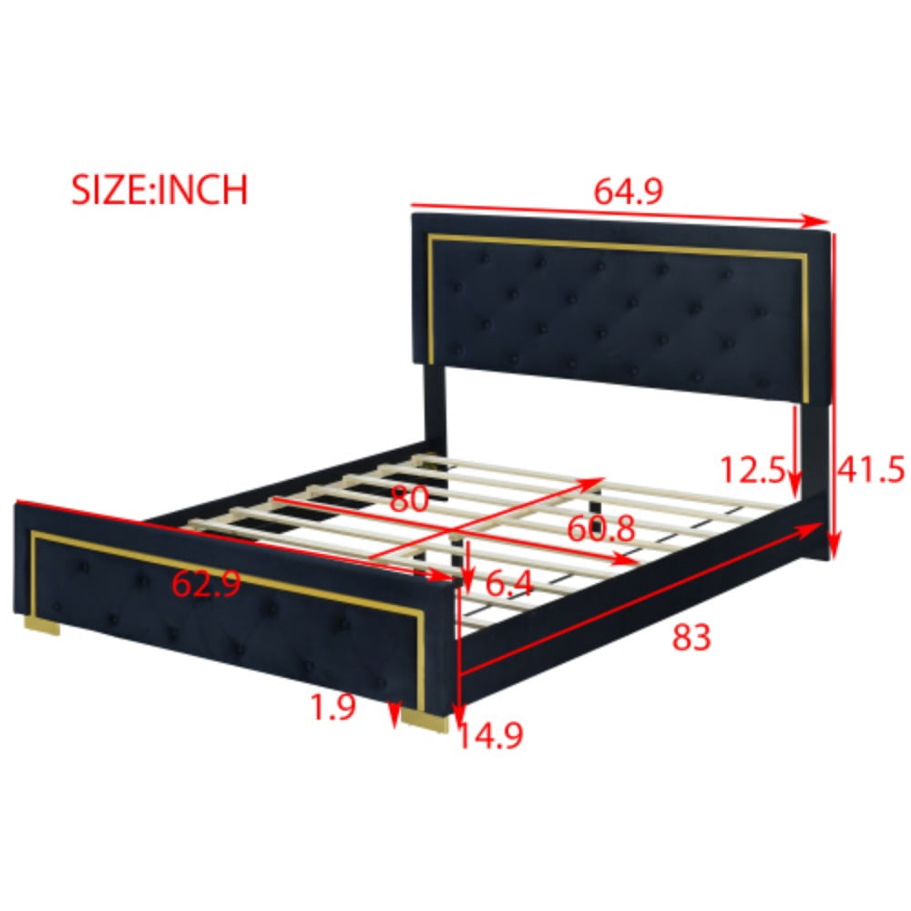Queen Size Velvet Upholstered Platform Bed, Wood Bed Frame with Pull Point Headboard and Metal Wire Frame & Feet