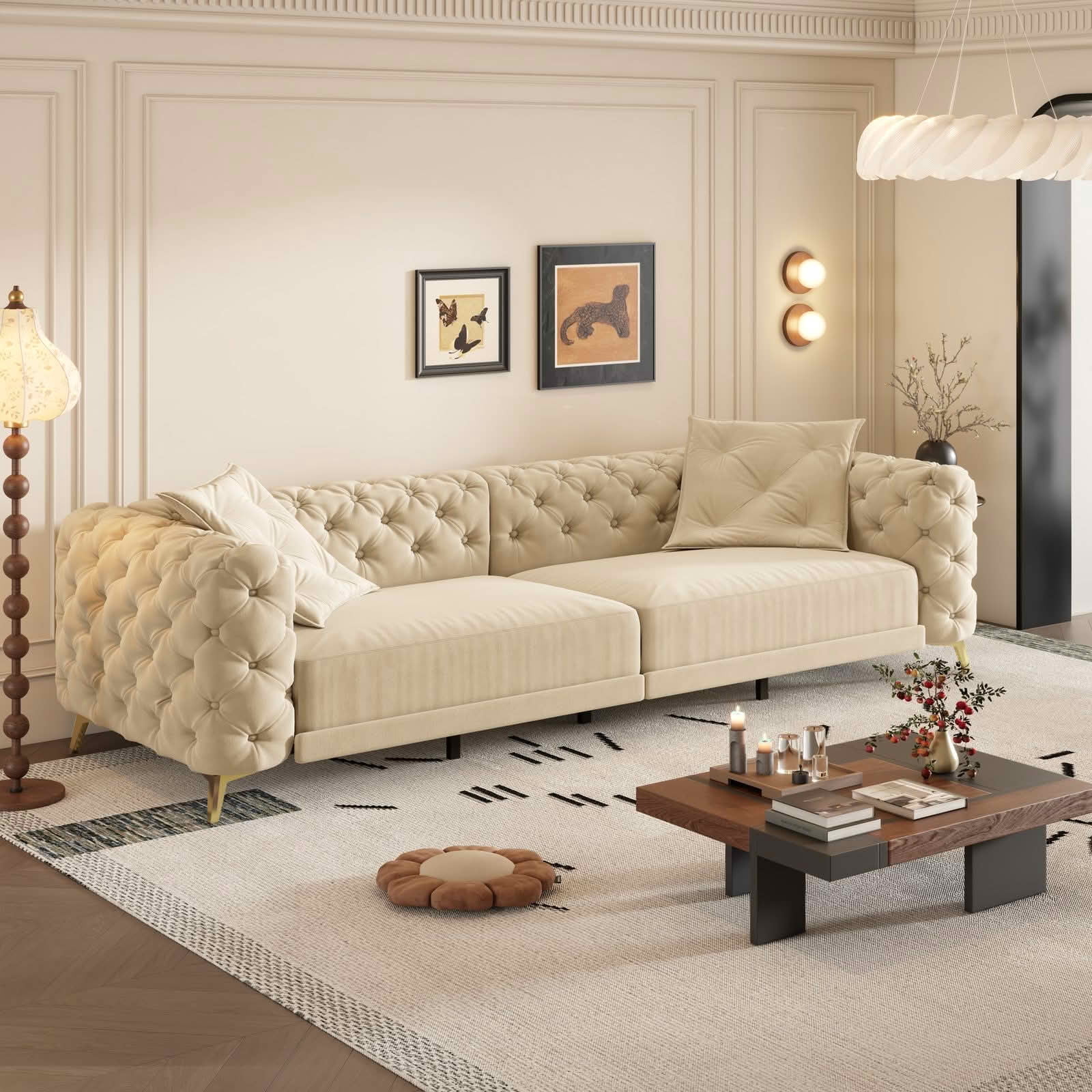 MAYEERTY 97.7" 3‑in‑1 Convertible Sleeper Sofa Bed, Deep‑Seat Tufted Velvet 4‑Seater Couch with Movable Ottoman, 2 Pillows Included
