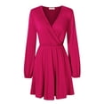 thumbnail image 2 of Leadingstar Women Solid Long Sleeve Elastic Waist Wrap V-Neck Fit Flare Dress Burgundy L, 2 of 9