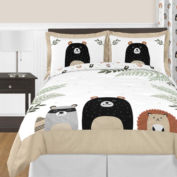 Sweet Jojo Designs Bear Raccoon Hedgehog Forest Animal Woodland Pals Unisex Boy or Girl Full/Queen Size Kid Childrens Bedding Comforter Set - 3 Pieces - Neutral Beige, Green, Black and Grey