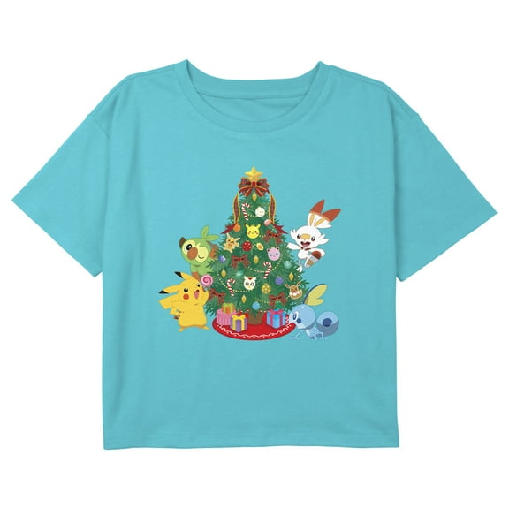 Girl's Pokemon Christmas Holiday Tree Friends Graphic Cropped T-Shirt Blue Medium