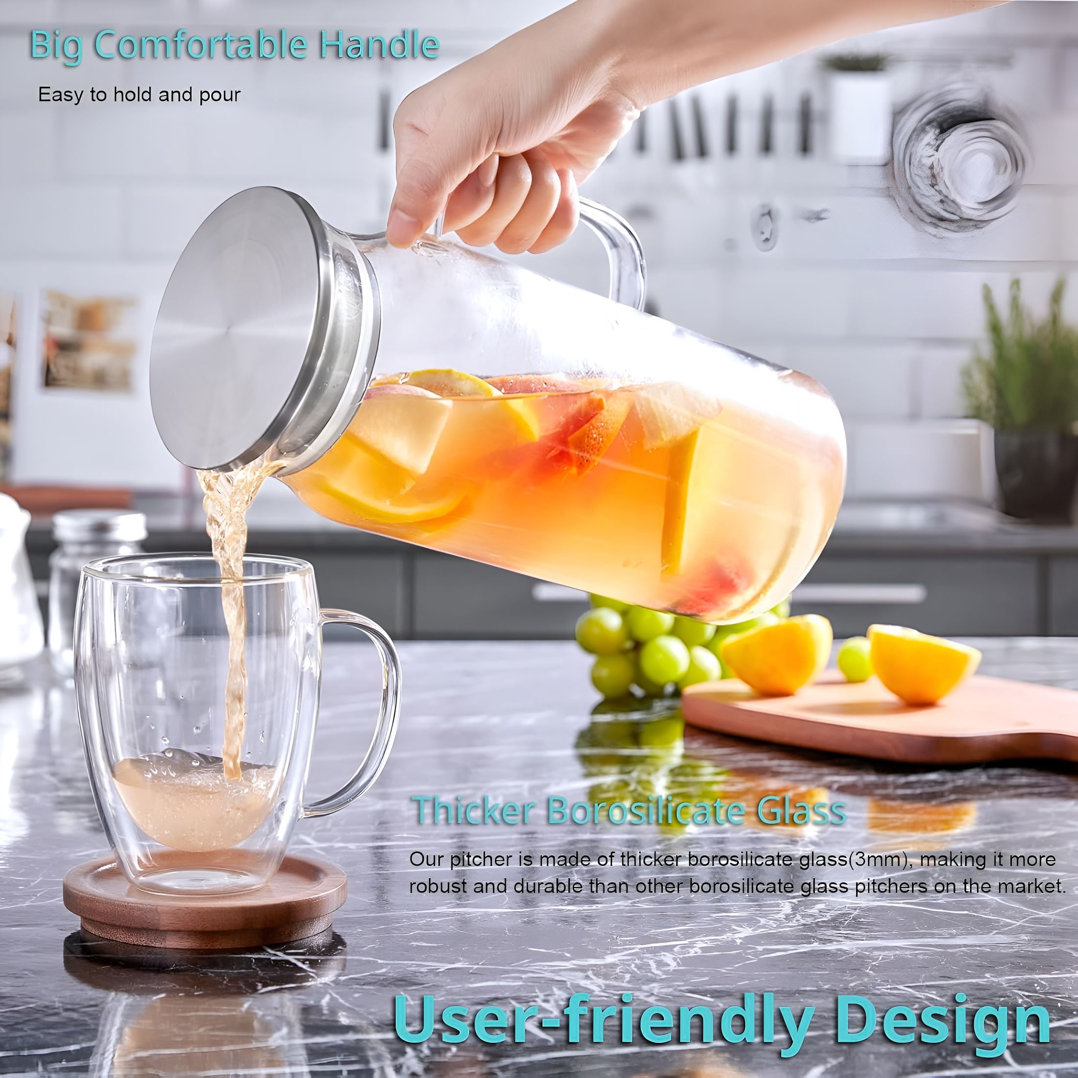 ACDANC 2 Liter 68 Oz Glass Pitcher with Lid and Handle,Glass Carafe for Hot/Cold Water,Large Iced Tea Pitcher for Coffee,Juice and Homemade Beverage