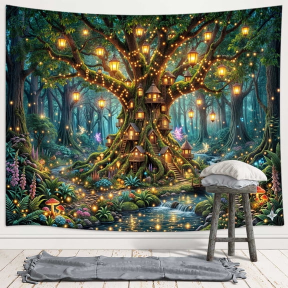 Fantasy Tree of Life Forest Tapestry, Enchanted Fairy Tree Wall Hanging with Glowing Lanterns, Boho Aesthetic Tapestry for Bedroom Living Room Dorm Nature Home Decor - 40x30 Inches