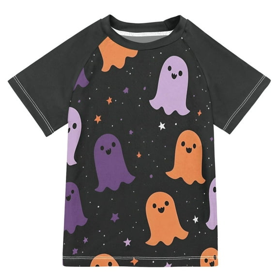 FORMRS Boys Rash Guard with Short Sleeves UPF 50  Swim Shirts Sizes 3-12T, Halloween Orange Ghosts