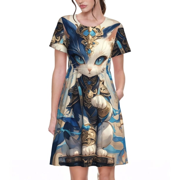 Balery Exotic Blue Cat Vestidos sueltos de manga corta para mujer, vestidos de verano 2025, vestidos casuales de corte A con vuelo.