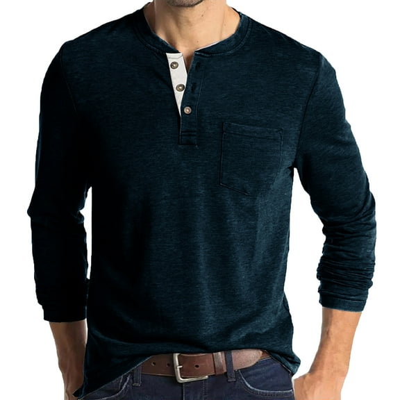 Fesfesfes Blouse Shirt for Men Casual Round Neck Pullover Bottoming Shirt Solid Long Sleeve Pocket Button Sports Tops Clearance Under $10