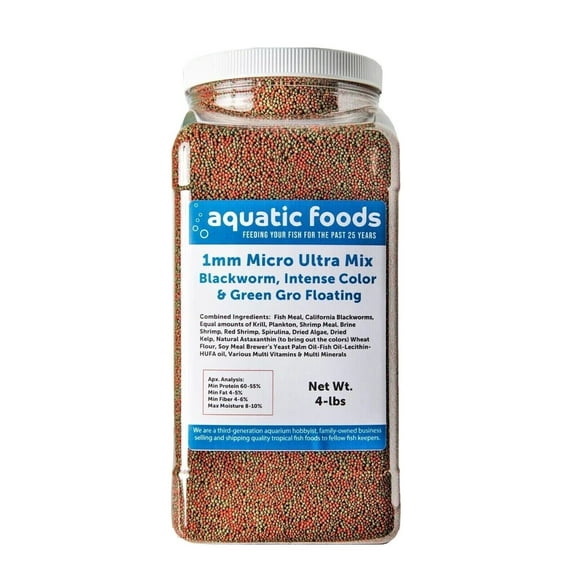 1mm Ultra Mix of Blackworm, Intense Red, Green Gro Floating Pellets for Discus, Cichlids, All Tropicals, Koi and Pond Fish…4-lb Lg Jar