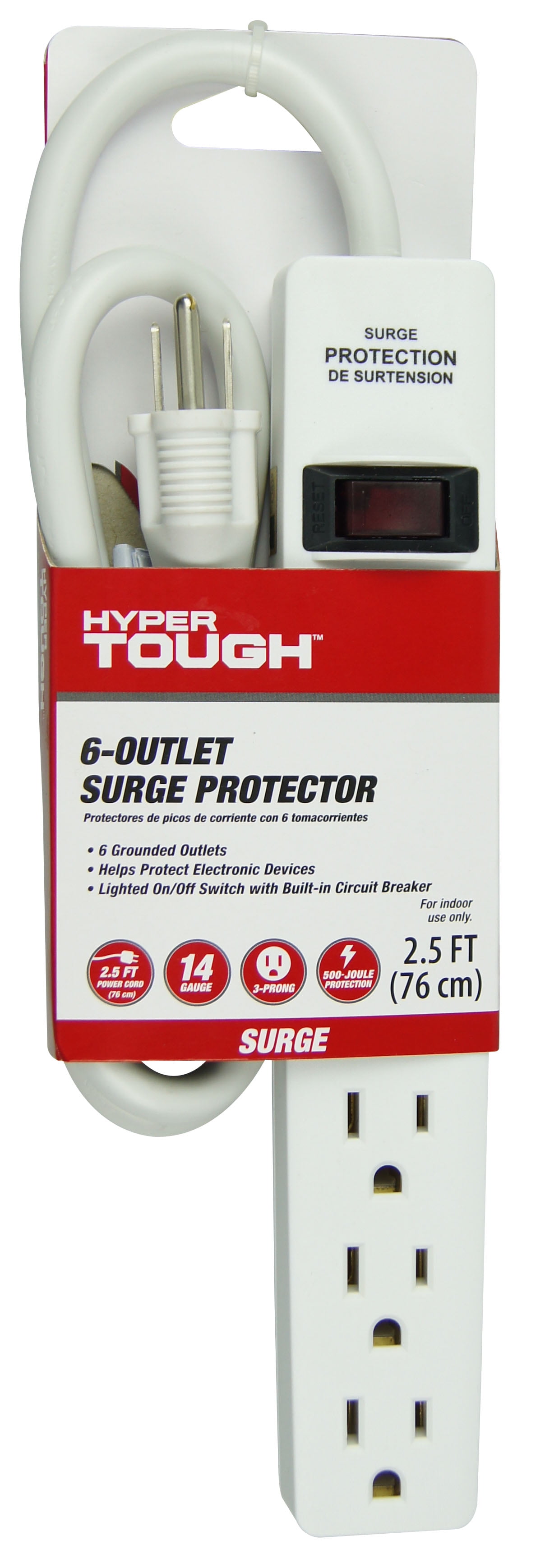 Hyper Tough 6-Outlet Surge Strip with 2.5 ft Cords 500-Joule Protection, White