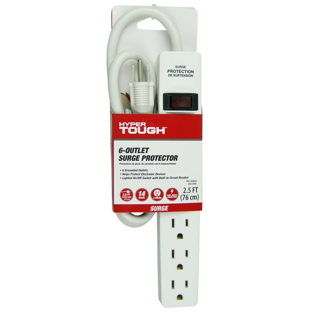 Hyper Tough 6Outlet Surge Strip with 2.5 ft Cords 500Joule Protection