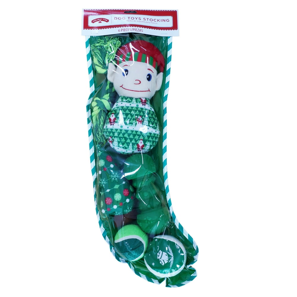 Holiday Time Dog Toys Stocking, Green, 6 Pieces