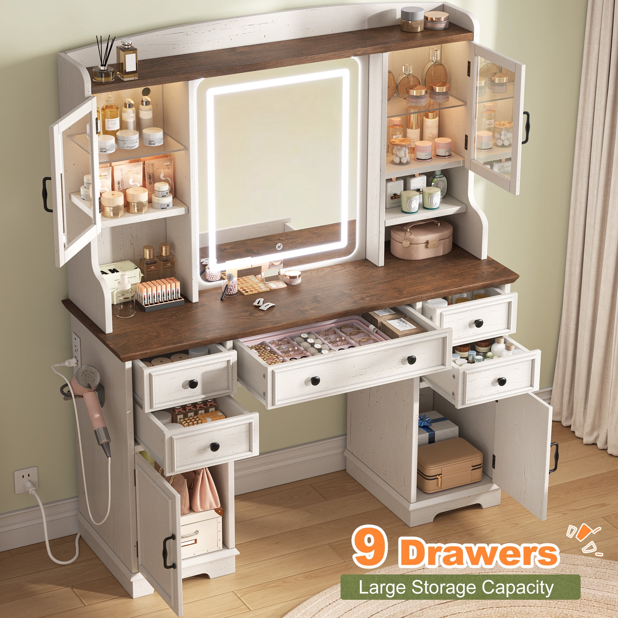 EnHomee Vanity Set with Mirror and Lights Farmhouse Vanity Desk with 5 Drawers & 2 Storage Cabinets Makeup Vanity Table with Lighted Mirror,White