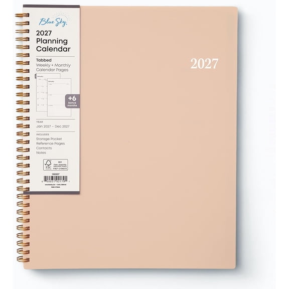 Blue Sky 2027 Weekly and Monthly Planner Calendar, Includes January 2027 - December 2027, 8.5" x 11", Flexible Cover, Wirebound, Laminated Tabs, Storage Pocket, Enterprise Blush Pink