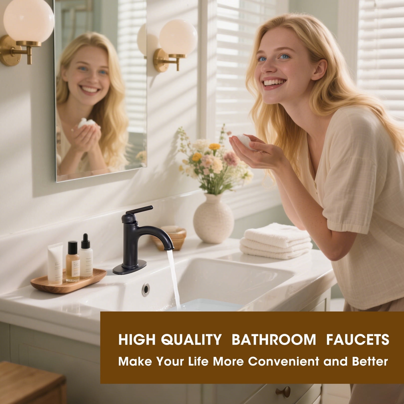 Wowkk Brass Bathroom Faucets Matte Black Bathroom Sink Faucets Single Handle Vanity Faucets Pop-Up Drain Included, Modern RV Faucet with Water Supply Line and Deck Mount 1 or 3 Hole