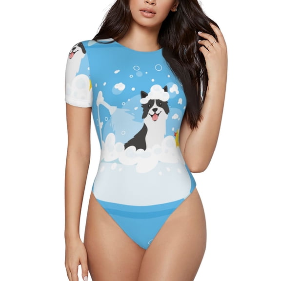 Naloa Collie in Bathtub Women's Short-Sleeved Onesie, One-Piece Swimsuit for Parties, dates, clubs - Small