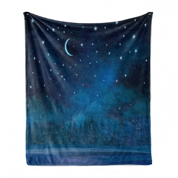 Winter Soft Flannel Fleece Throw Blanket, Nighttime Painting Illustration with Blue Moon, Cozy Plush for Indoor and Outdoor Use, 70" x 90", Sea Blue Dark Blue, by Ambesonne