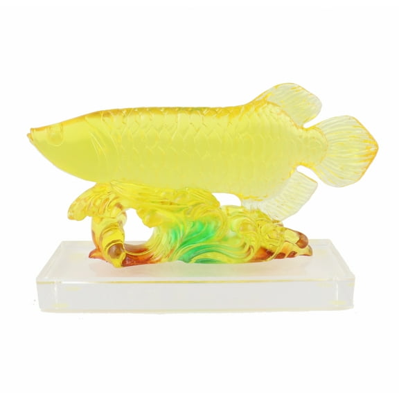 Feng Shui Yellow Arowana Fish Statue on Glass Base