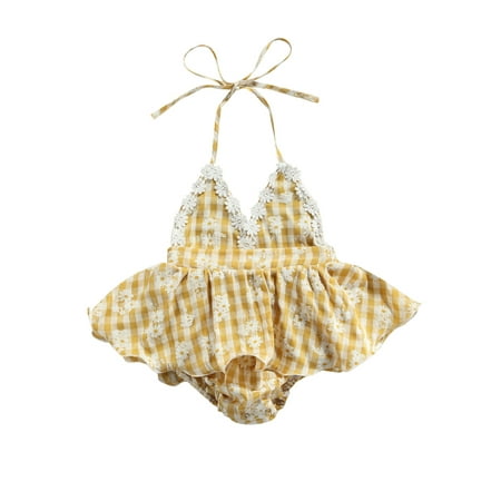 

Summer Infant Baby Girls Halter Romper Newborn Sleeveless Backless Plaid Floral Print Bodysuit Tutu Dress