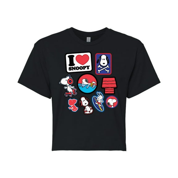 Peanuts - I Heart Snoopy Patches - Juniors Cropped Cotton Blend T-Shirt