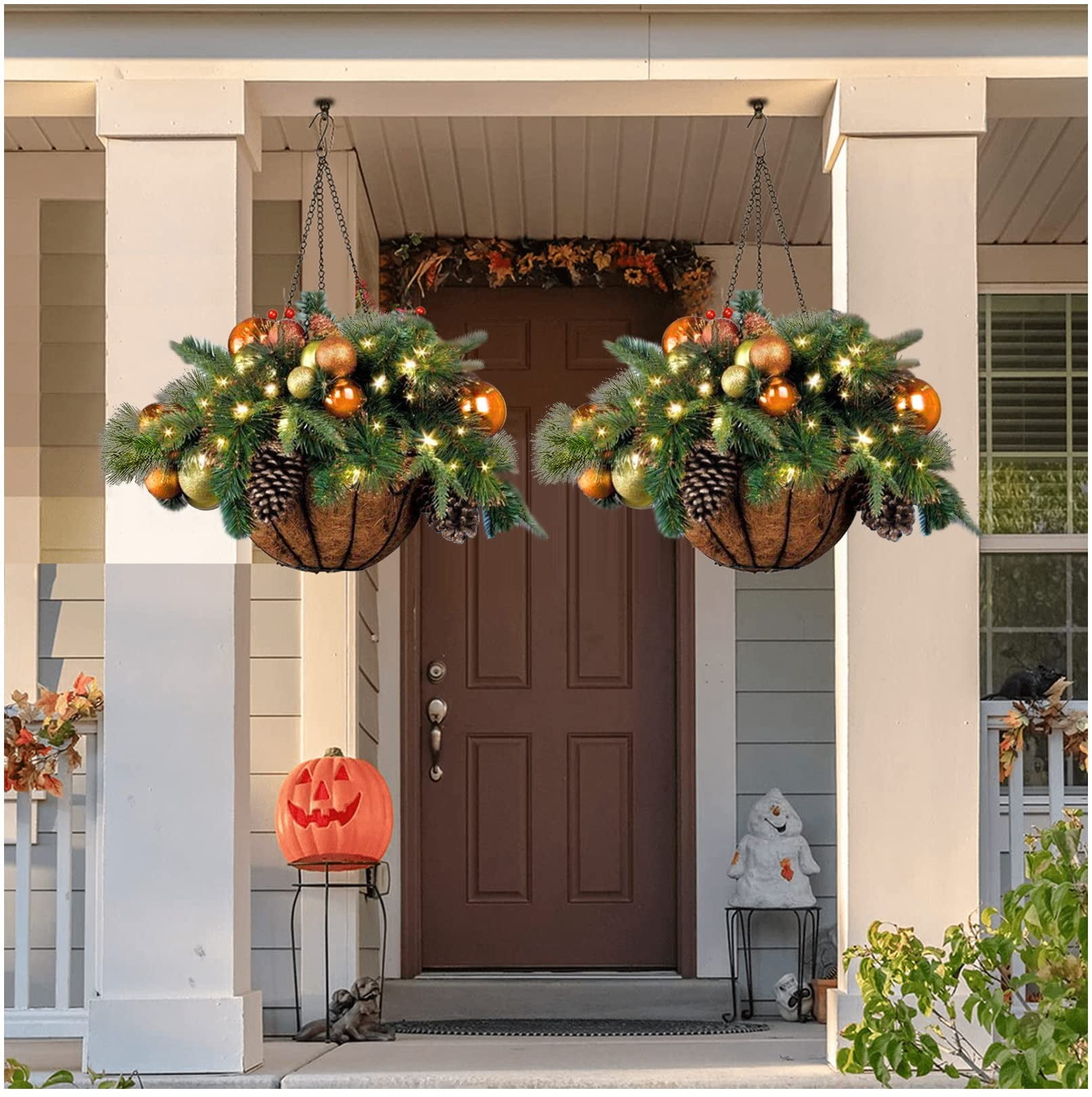 2 pcs Prelit Artificial Christmas Hanging Basket Flocked with Mixed