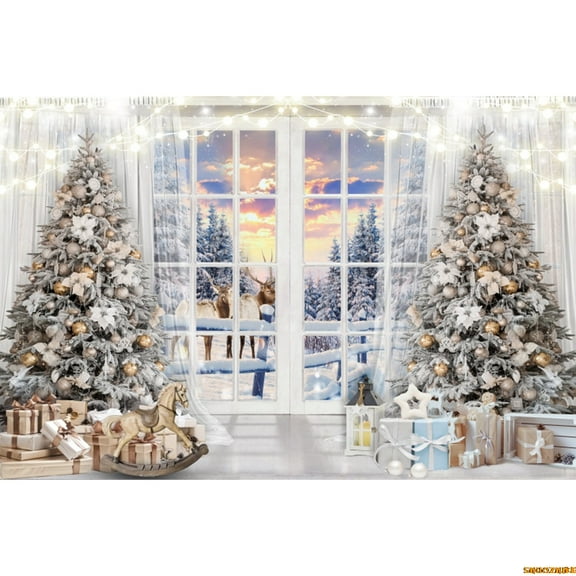 Christmas Backdrop Winter White Wood Window Snow Forest Sce Xmas Tree Fireplace Family Portrait Photography Background r