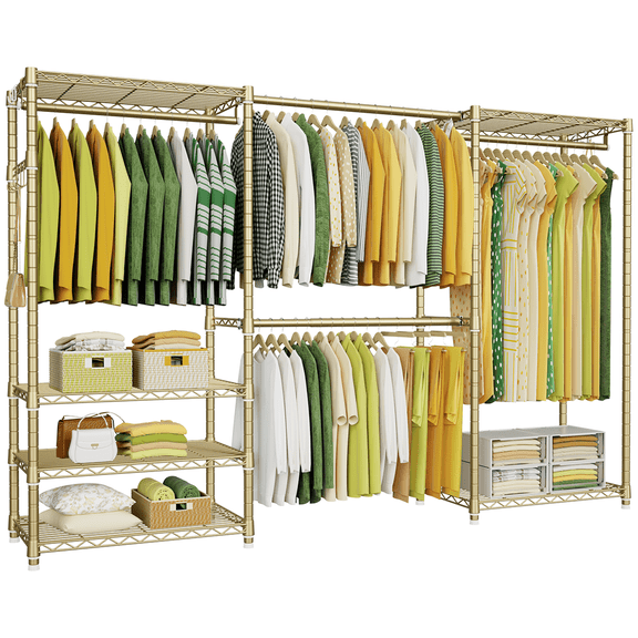 Ulif E1 Heavy Duty Closet Garment Rack, Adjustable Metal Freestanding Expandable Clothing Storage with 4 Hanger Rods, Easy to Assemble Wardrobe, 70.8" H x (70.8" - 86.6") L x 14" D,Gold