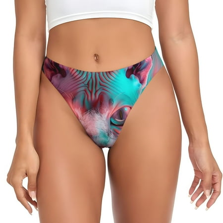 Qokaie Psychedelic Hairless Cat Printed Women s Cotton Thong Underwear  Sexy Breathable Panties G-string-X-Small
