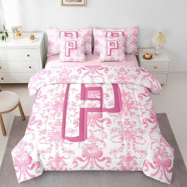 Erosebridal Lit Chic Nœud Papillon en Sac Taille Simple, Ensemble de Lit Monogramme P, Literie Florale Rétro Rose Taille Simple pour Filles, Super Confortable Décoration de Chambre Réversible, 7 Pcs