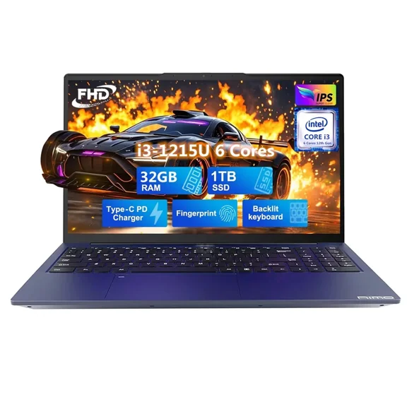 15.6" IPS FHD Laptop, Intel 6 Core i3-1215U (Beat i5-1135G7, Up to 4.4GHz) 32GB RAM 1TB SSD Business Laptop Computer Fingerprint Backlit Keyboard 65W Type C Wi-Fi 6 Win 11 Blue