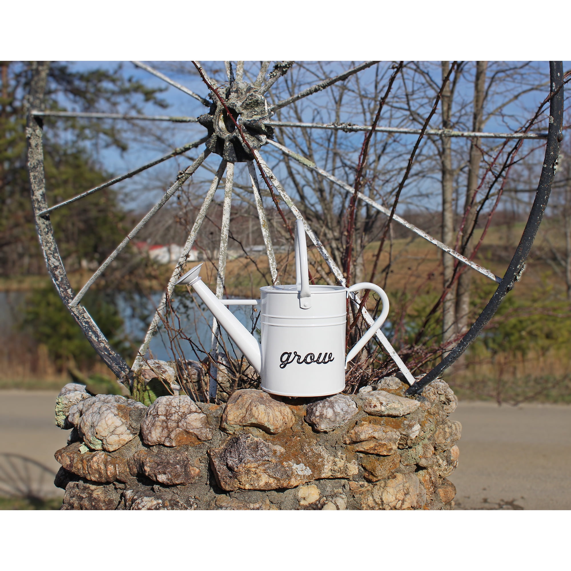 AuldHome Design Farmhouse Enamel Watering Can (White); Rustic Metal Watering Pitcher for Home Decor and Gardening