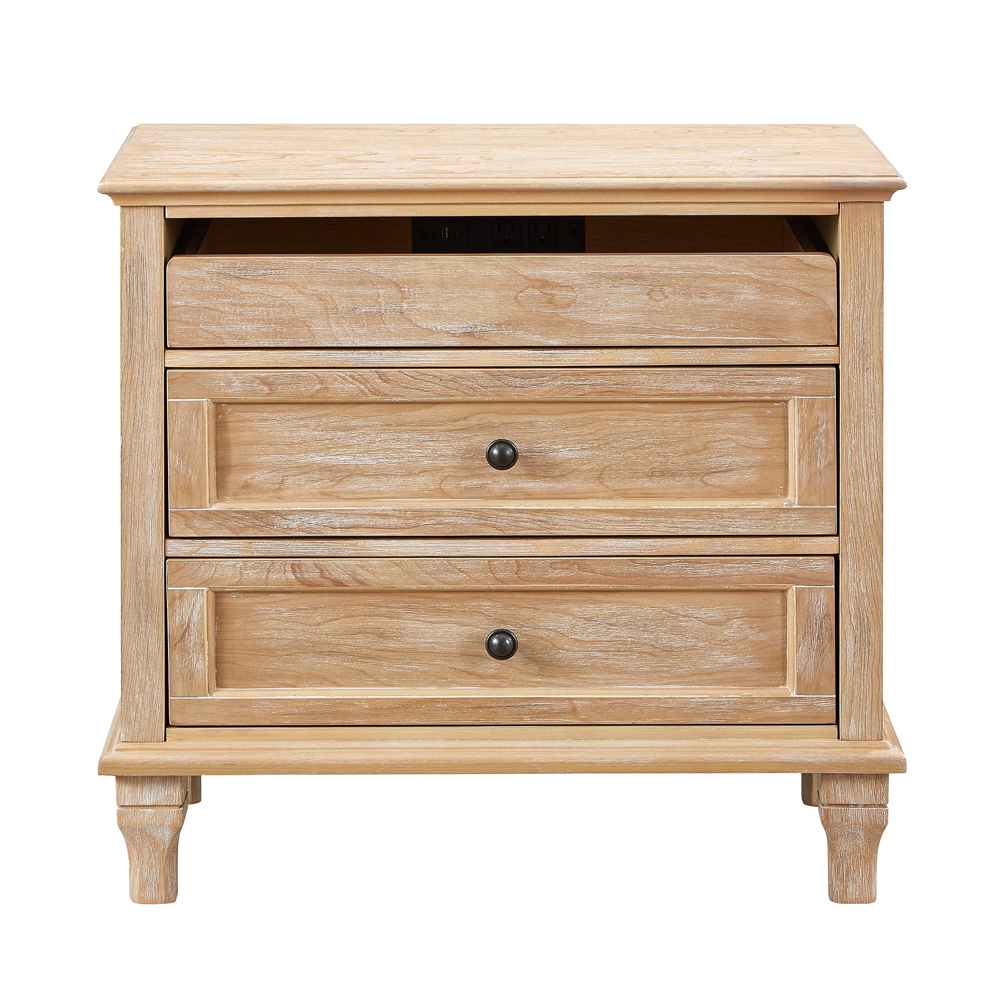 28-Inch Nightstand with Charging Station and 3 Drawers, Farmhouse Wood Bedside Table with USB and Type-C Ports, Natural