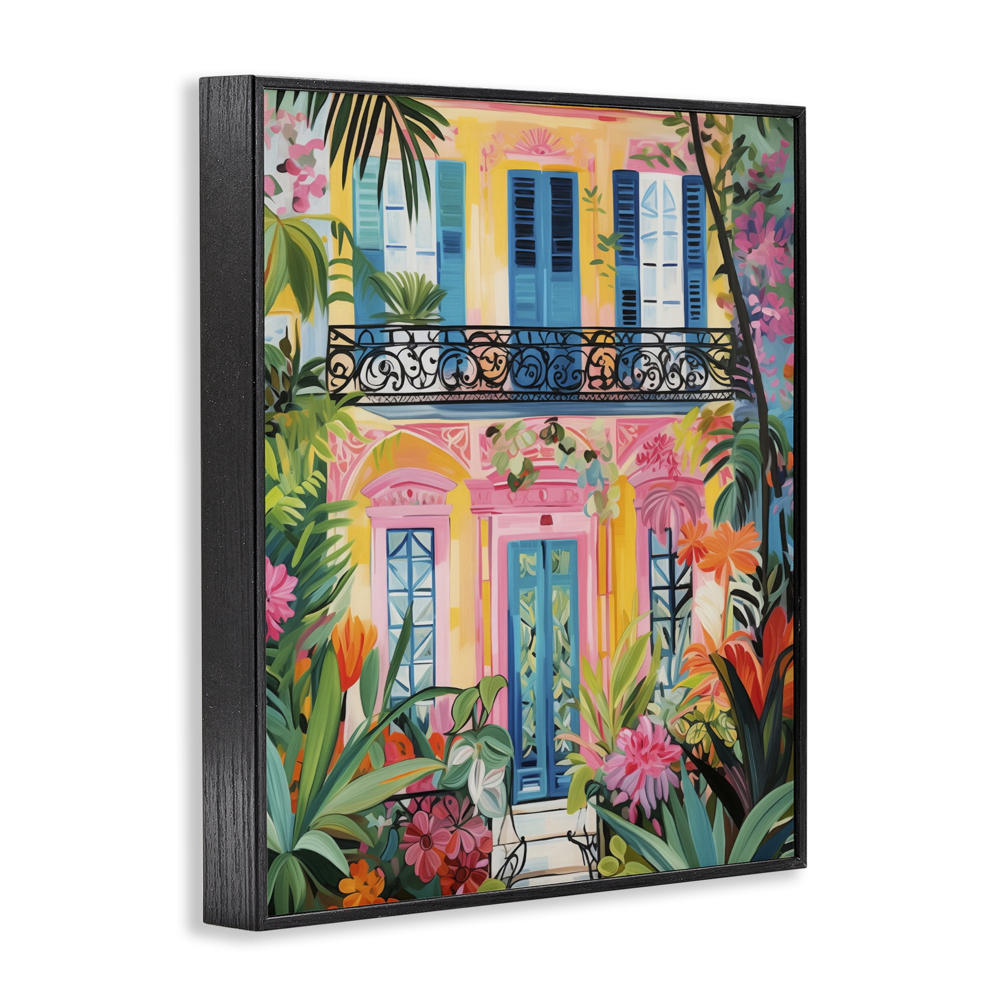 Stupell Industries Colorful Facade with Tropical Garden Black Framed Giclee Art, design by LSR Design Studio