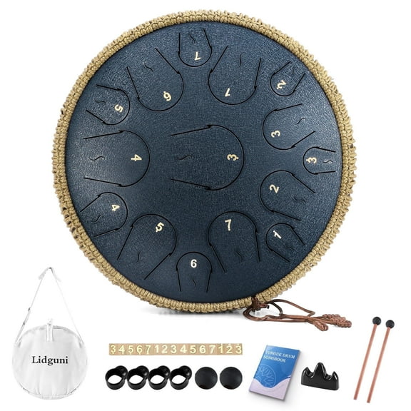 Lidguni 14" 15 Notes Rain Drum for Adults, Tongue Pan Drums with Carry Bag, C Major, Navy Blue