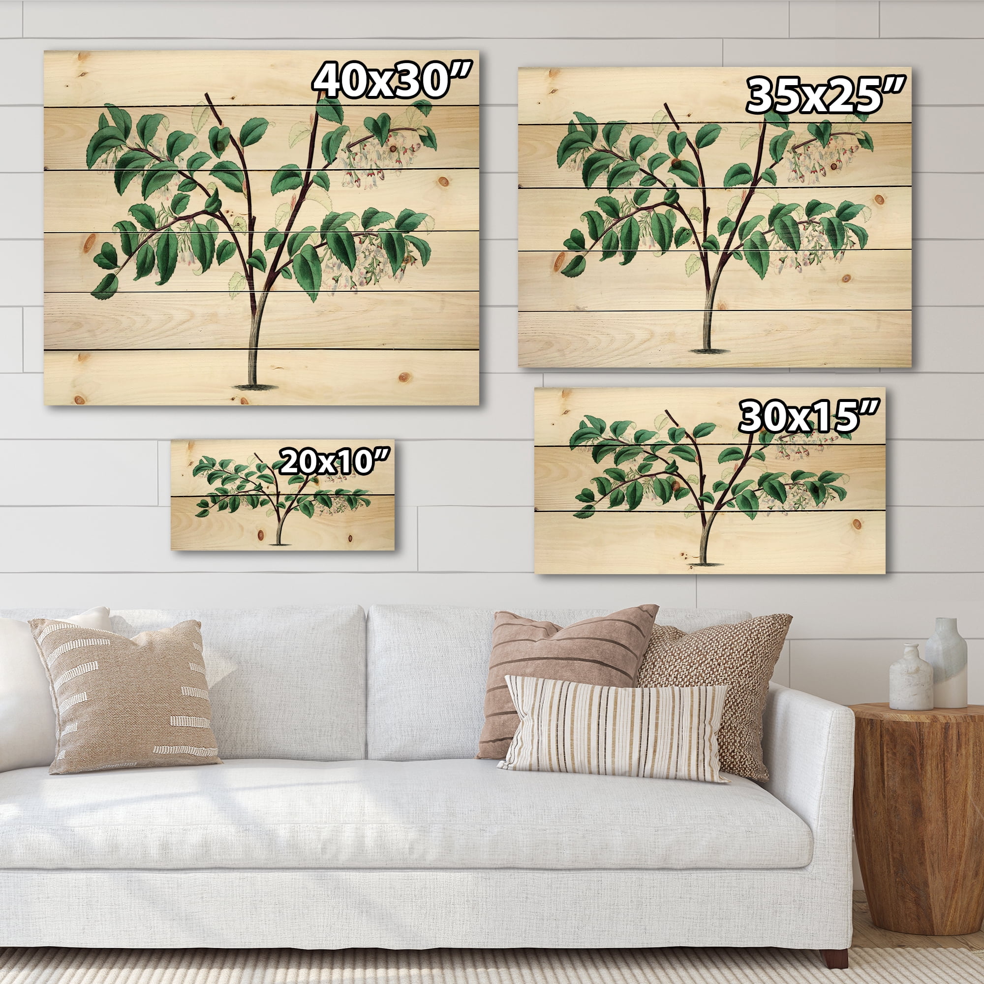 Designart 'Ancient Green Leaves Plants I' Traditional Print on Natural Pine Wood