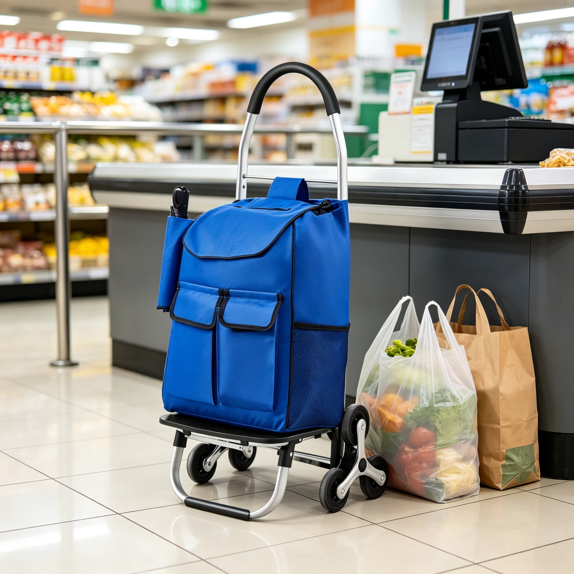 36L Folding Stair Climber Trolley, 6-Wheel Grocery Shopping Cart with Oxford Bag for Laundry & Groceries