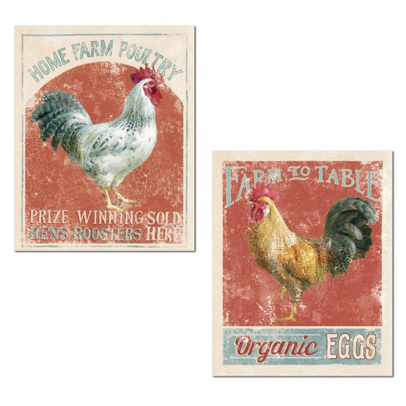 Light Blue and Red Farm To Table Rooster Set Adult Kitchen Decor; 2 - 11" x 14" Unframed Posters