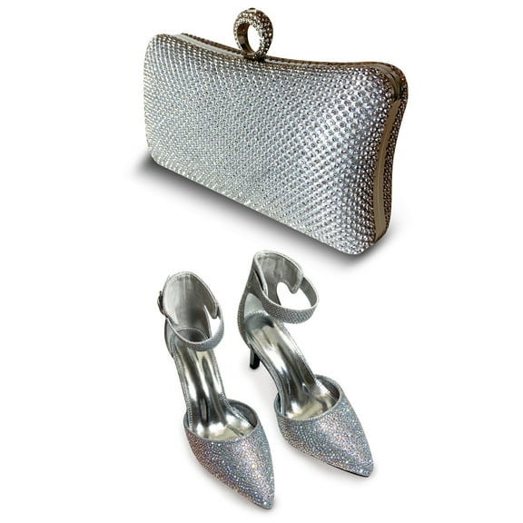 Trendini Fashion Matching Set includes a pair of shoes with matching clutch purse - Silver Rhinestone - Size 6