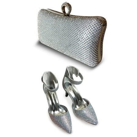 Trendini Fashion Matching Set includes a pair of shoes with matching clutch purse - Silver Rhinestone - Size 6.5