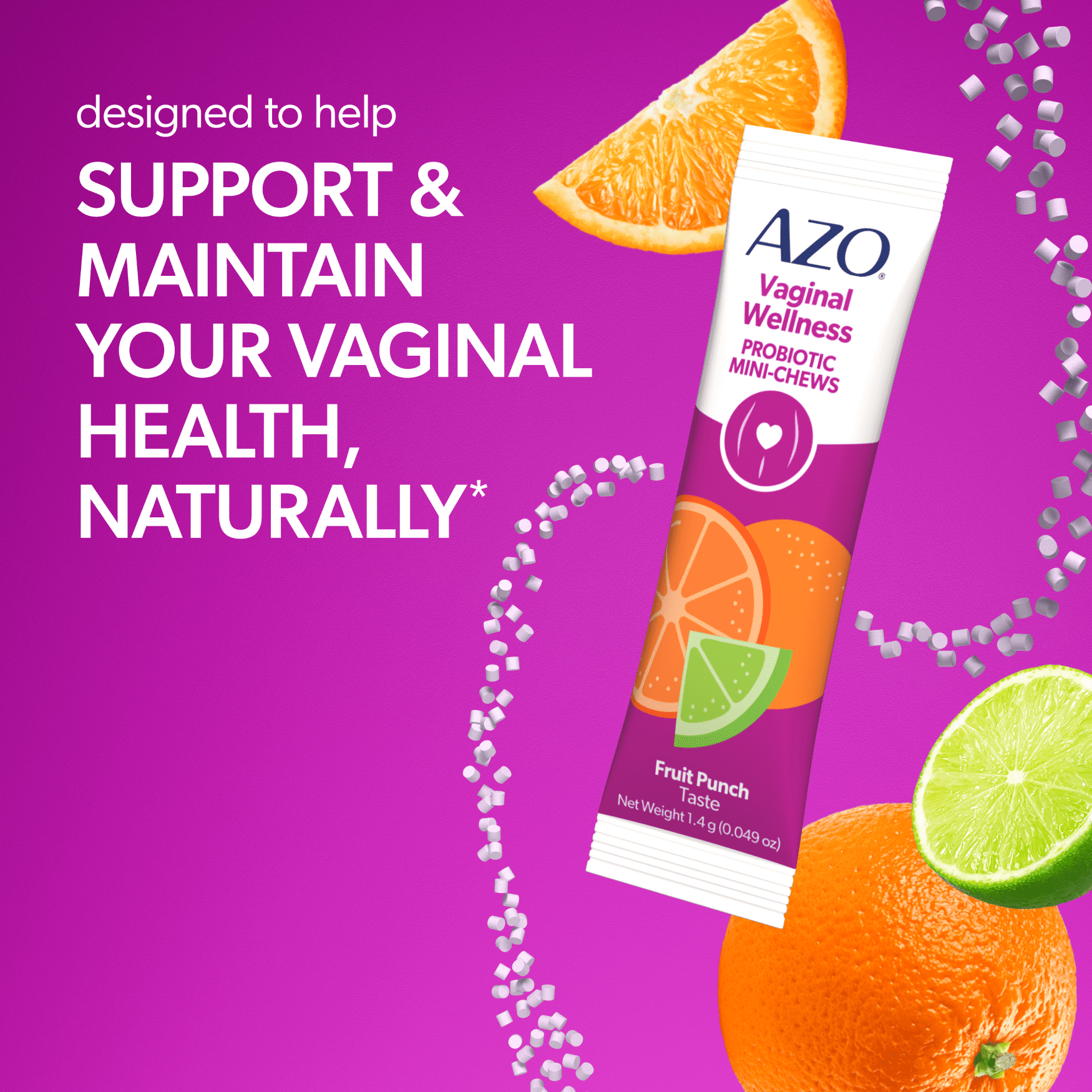AZO Vaginal Health Probiotic Mini-Chews Daily Supplement, Supports Vaginal Health & Flora, Fruit Punch Flavor, 14 Packets