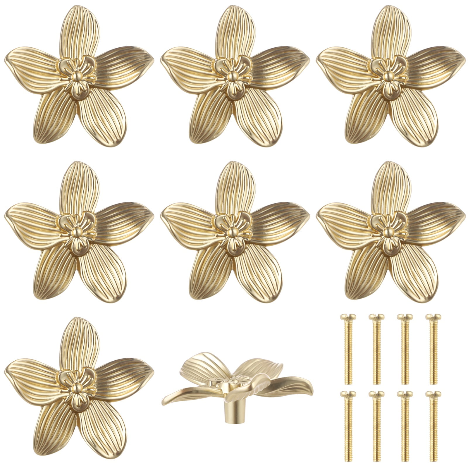 8 Pcs Flower Knobs, 2.4 in Brushed Gold Cabinet Knobs, Zinc Alloy Petal Knobs with Antique New Chinese Style, Single Hole Dresser Knobs 8 Pack for Furniture Renovation