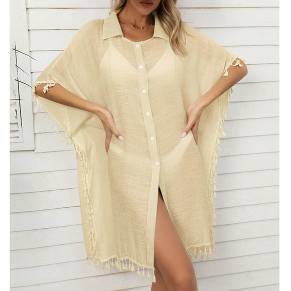 Summer Savings EGNMCR Bathing Suit Cover Up for Women Womens Bathing Suit Cover Ups Button Tassels Bikini Swimsuit Coverup Beach Loose Dress Shirt