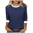 thumbnail image 2 of thefmos Women's Fall Winter Round Neck 3/4 Sleeve Solid Basic Casual Pullover Tops Tshirt Comfy Loose Fit Blouses for Women Cute Trendy Everyday Wear Business Work Clothes, Navy M, 2 of 7