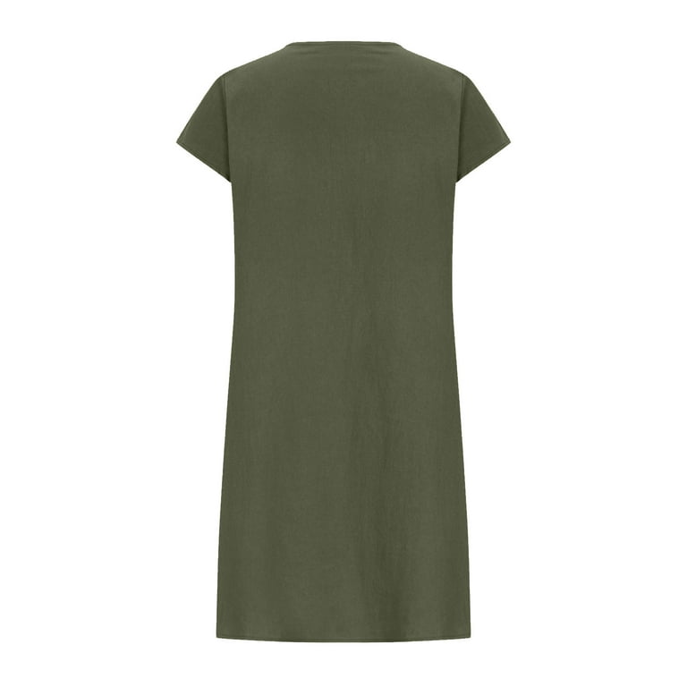 Sakmal Summer Dresses for Women 2024 Green Mid-Length Crew Neck Short Sleeve Pleated Cotton and Linen Solid Shift Dress, Women's, Size: XL